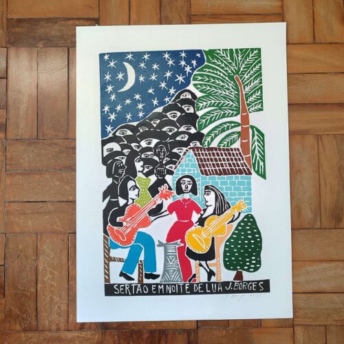 Xilogravura Mestre J Borges G - Sertão em Noite de Lua